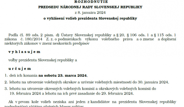 Aktuality / Rozhodnutie o vyhlásení volieb prezidenta Slovenskej republiky 2024 - foto